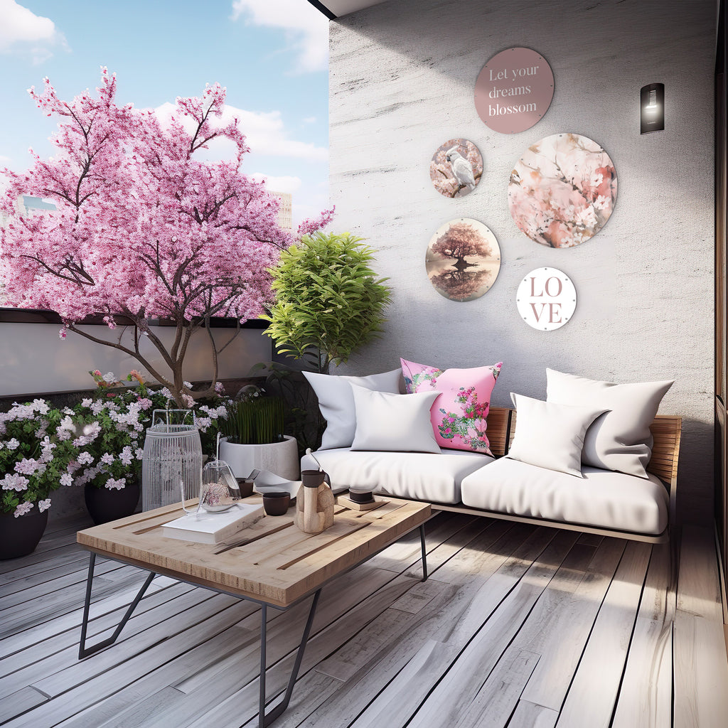 Balkon met loungeset en kersenbloesemboom, verfraaid met de 'Cockatoo Blossom' muurcirkel set van Wallingo.