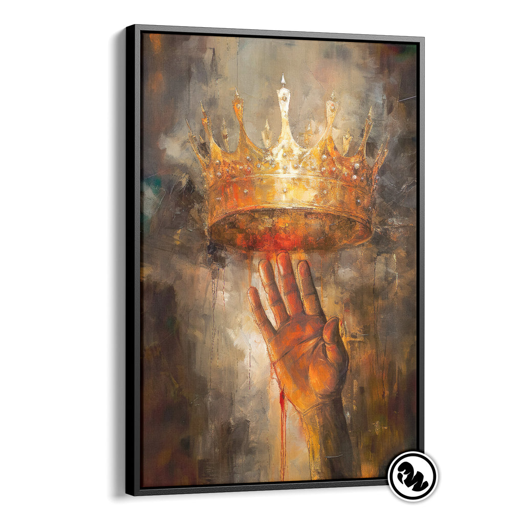 Moderne schilderij van een hand die naar een kroon grijpt op Canvas