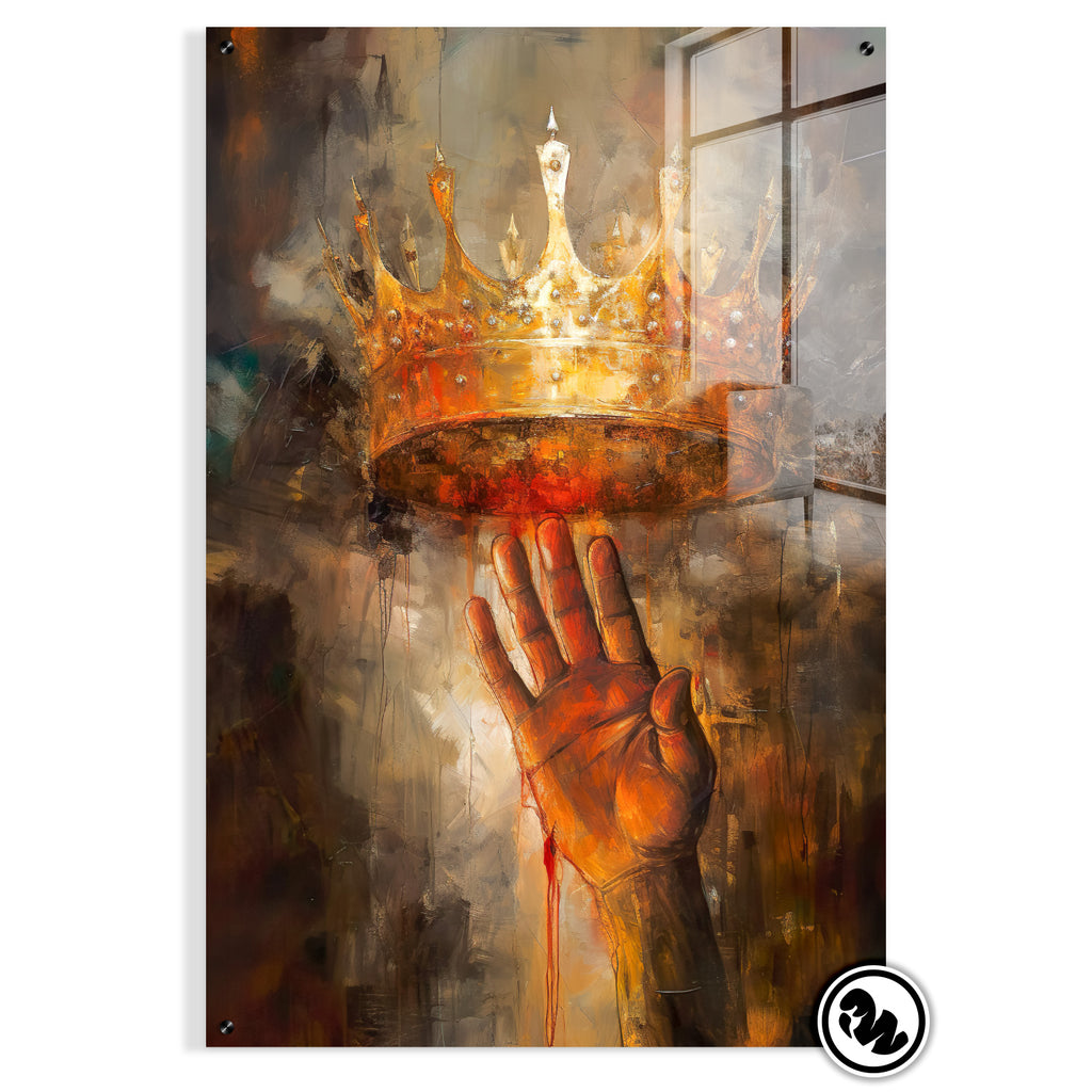 Moderne schilderij van een hand die naar een kroon grijpt op Plexiglas