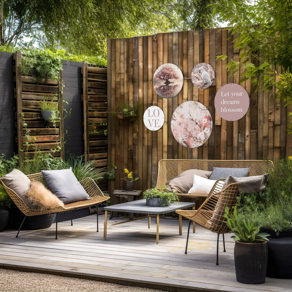 Tuindecoratie met Wallingo's 'Cockatoo Blossom' muurcirkel set, opgehangen aan de schutting bij een tuinlounge.