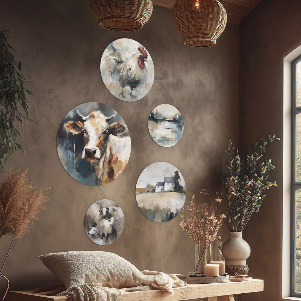 Close-up van Wallingo's 'Rural Life' muurcirkel set in een landelijke woonkamer.